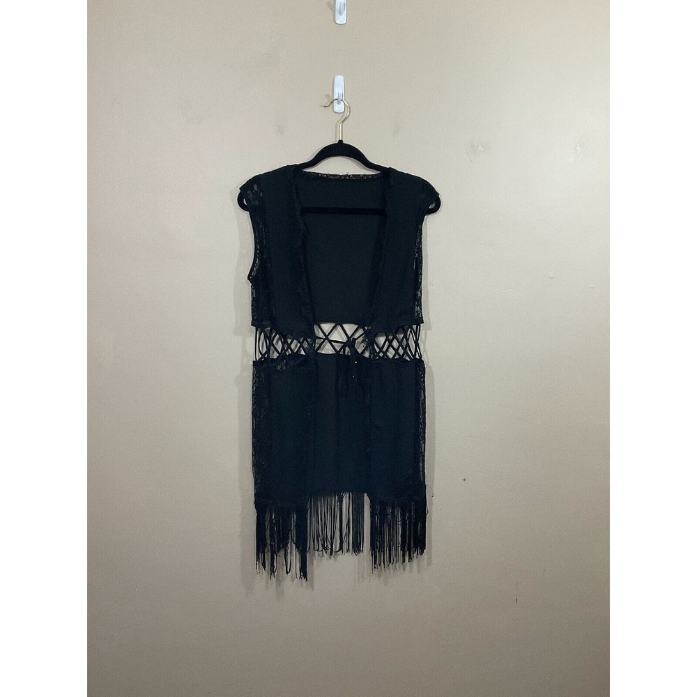 Womens Sheer Vest M Black Fringe Lace Goth Grunge Fairy Festival Witch Boho